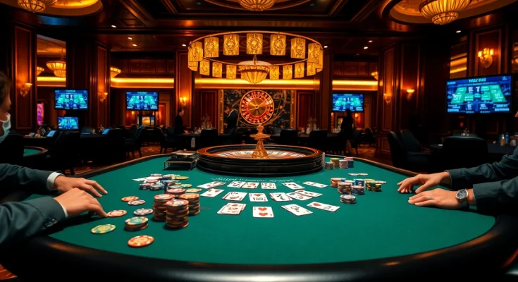 Exciting casino scene showcasing kèo nhà cái betting odds displayed as players engage in high-stakes poker.