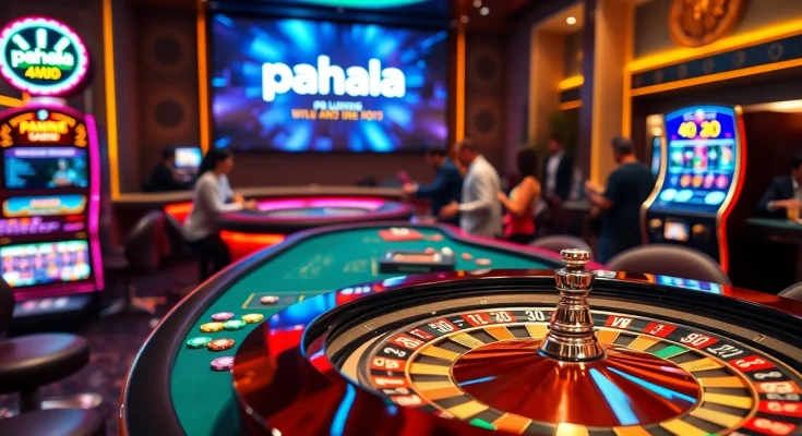 Pahala4d players engaging at an exciting casino table filled with vibrant poker chips and roulette wheels.