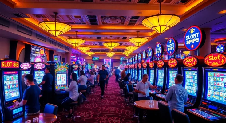 Excited players engage with slot 88 machines amidst vibrant casino lights and energy.