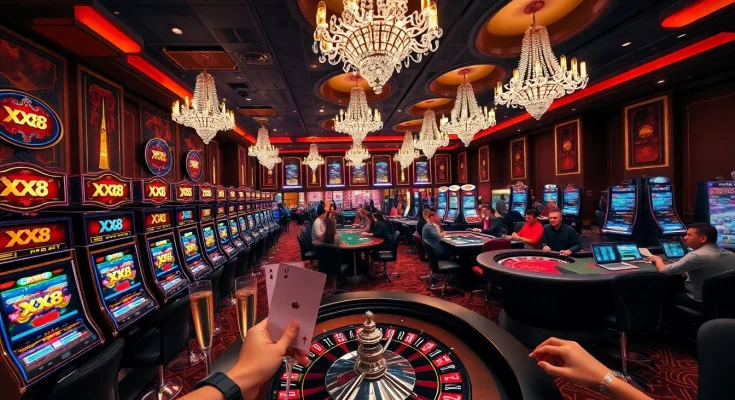 Experience the excitement of XX88 at a luxurious casino filled with vibrant slot machines and poker tables.