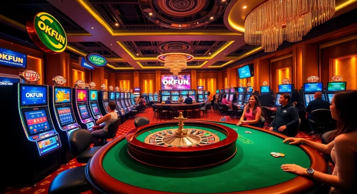 Players enjoy thrilling games at OKFUN casino with vibrant slot machines and excited betting action.