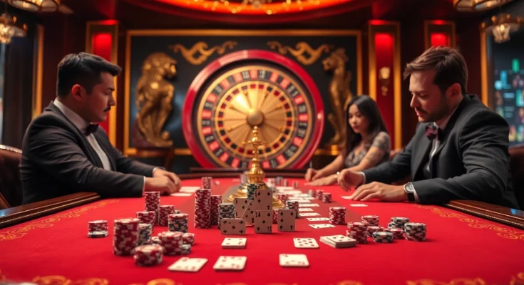 Experience the excitement of Dominoqiu as players engage in high-stakes gambling with luxurious chips and cards.