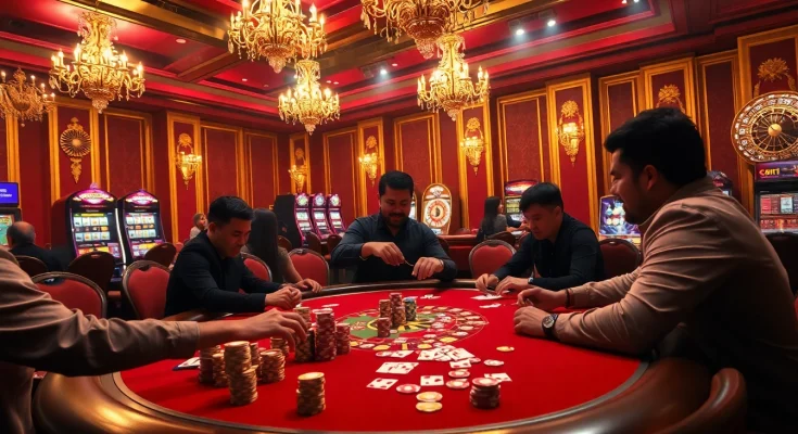 Players enjoying a lively poker game at MK8thai casino with luxurious decor and excitement.
