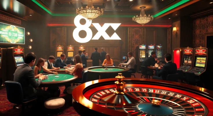 Players engaging in high-stakes gambling at 8xx casino tables, showcasing excitement and luxury.