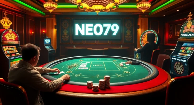 Players at NEO79 poker table making exciting bets with dynamic casino elements.