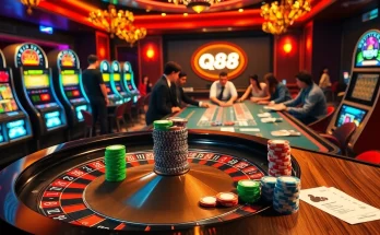 Engaging players at a qh88 casino table with vibrant roulette wheel and betting slips.