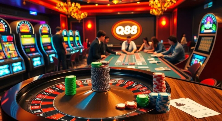 Engaging players at a qh88 casino table with vibrant roulette wheel and betting slips.