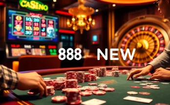 Exciting gambling action at 888NEW with poker chips and vibrant slot machines.