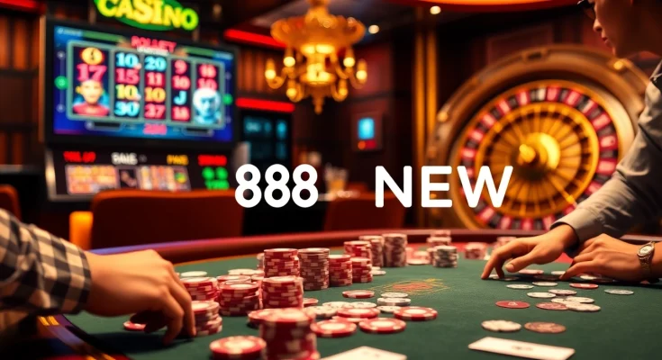 Exciting gambling action at 888NEW with poker chips and vibrant slot machines.
