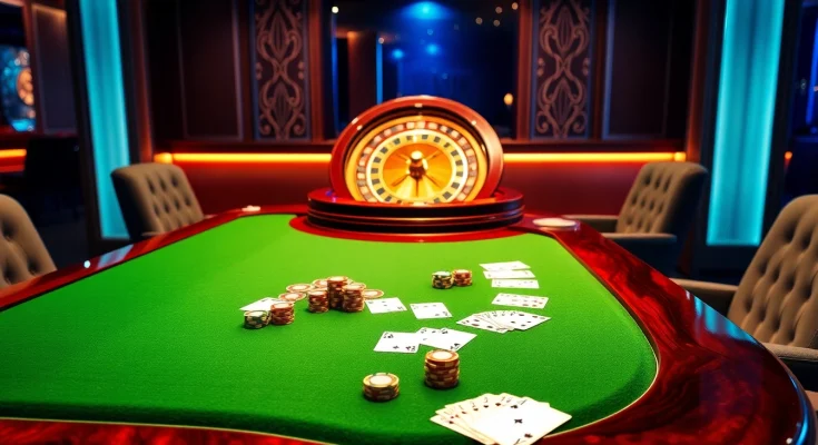 Experience luxury at Sun win casino with a vibrant gaming table, poker chips, and an exciting roulette wheel.