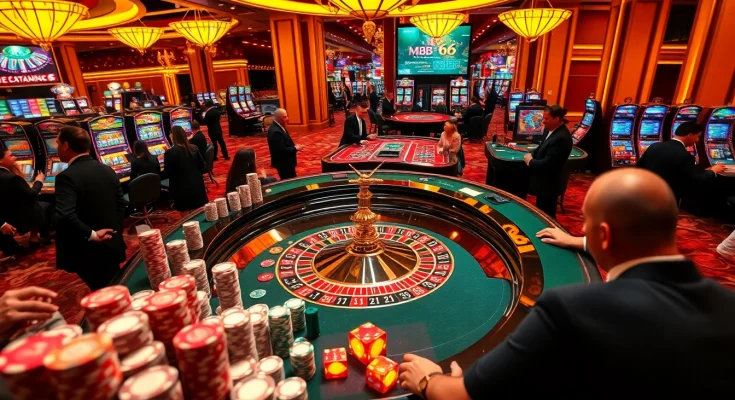 Engaging scene showcasing high-stakes gambling at a casino with MB66-themed roulette tables and vibrant poker gameplay.