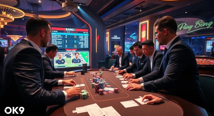 Thrilling scene of a football betting table highlighting OK9 BÓNG ĐÁ action.
