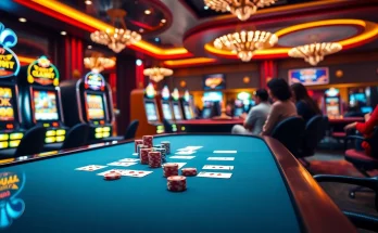 Experience thrilling gameplay with qh88 at a vibrant casino table filled with poker chips and cards.