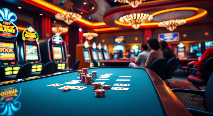Experience thrilling gameplay with qh88 at a vibrant casino table filled with poker chips and cards.