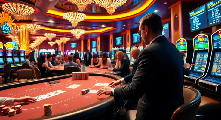 Players enjoying various casino games, including poker and slots, highlighting PXJ atmosphere.