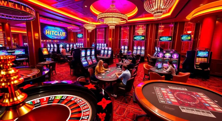 HITCLUB showcases an exciting casino scene with vibrant roulette wheels and engaged poker players.