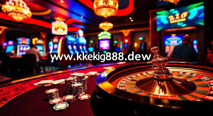 Experience excitement at https://king888.dev/ with vibrant casino elements, chips, cards, and roulette.