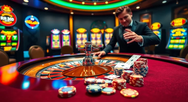 RR88 casino scene showcasing a thrilling poker game with vibrant chips and a roulette wheel.