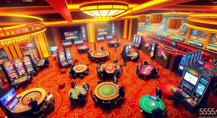 Experience the thrilling atmosphere of 55win55 casino with vibrant gaming tables and excited players.