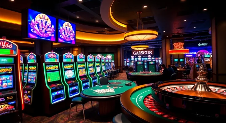 Experience vibrant slot gacor machines showcasing big wins in a luxurious casino setting.