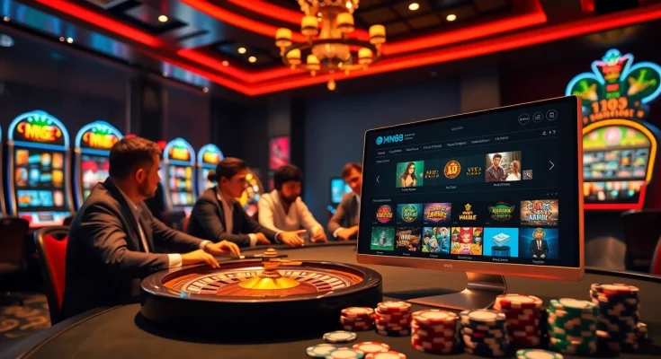 Exciting gameplay at MM88 casino showcasing poker chips and a roulette wheel in a lively atmosphere.