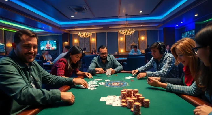 Exciting scene of game đổi thưởng in an online casino setting with players and card games.