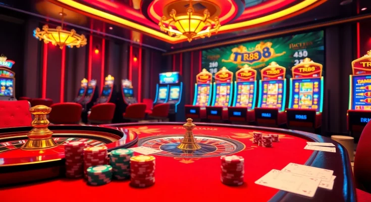 Exciting casino scene featuring TR88 online gaming, poker chips, and slot machines.