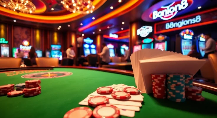 Bong88 immersive casino scene featuring vibrant poker table and players enjoying gambling action.