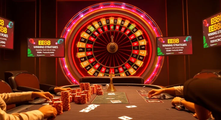 An energetic casino scene highlighting EE88 with a vibrant poker game, roulette wheel, and digital promotions.