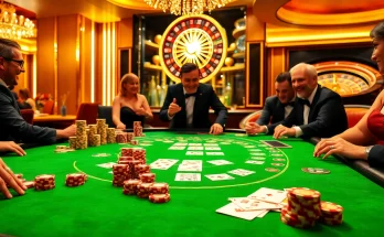 Casino table at https://bem88.com featuring blackjack action, vibrant players, and polished poker chips.