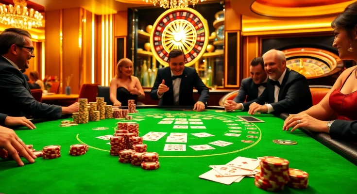 Casino table at https://bem88.com featuring blackjack action, vibrant players, and polished poker chips.