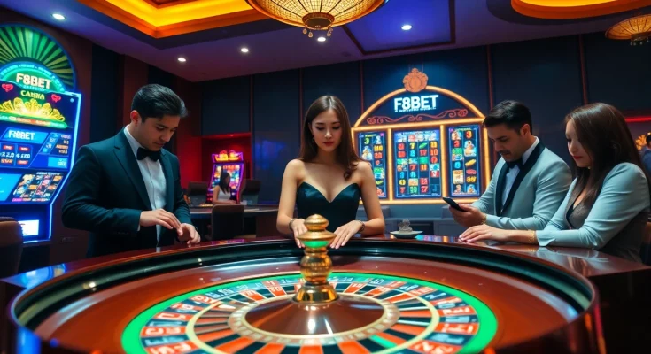 Gamblers enjoy the excitement of F8BET at a luxury casino roulette table.
