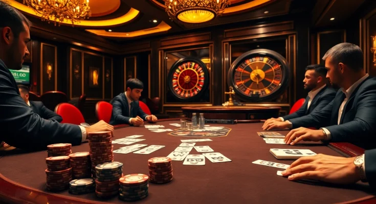 Players strategizing in a high-stakes poker game at a luxurious casino emphasizing tr88 luxury and excitement.