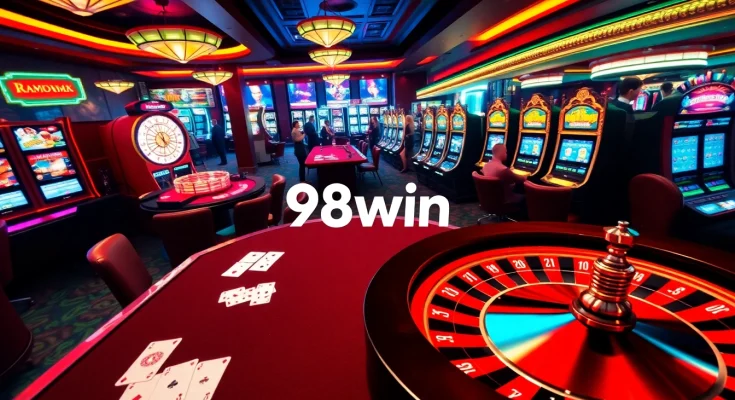 Experience thrilling excitement at 98win with vibrant casino games, poker chips, and slot machines.