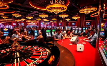 Players enjoying the excitement of UK88's vibrant casino atmosphere with roulette and poker tables.