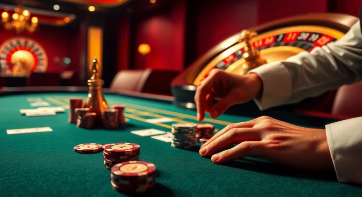 Excited player bets at a 13win poker table, showcasing a luxurious casino atmosphere.