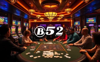 B52 Club showcases an exciting casino environment with poker tables and vibrant slot machines.