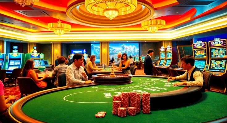 W88 players betting at a vibrant casino table with chips and cards.