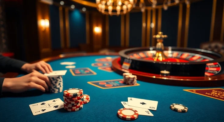 Experience high-stakes poker with BDTK1 chips and cards in a vibrant casino setting.