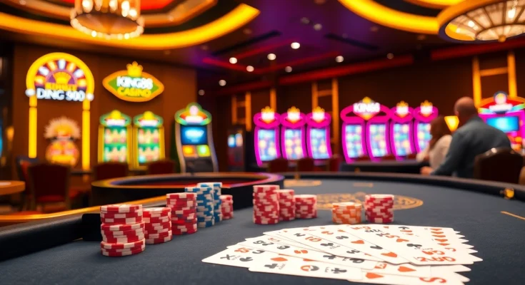 Players enjoying gambling at King88-themed casino with vibrant slot machines and poker chips.