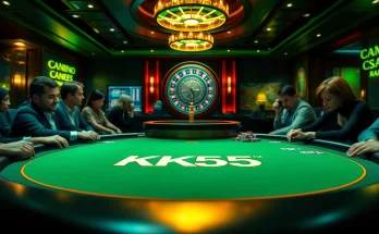 Exciting gambling scene at KK55 casino with intense poker game and luxury elements.