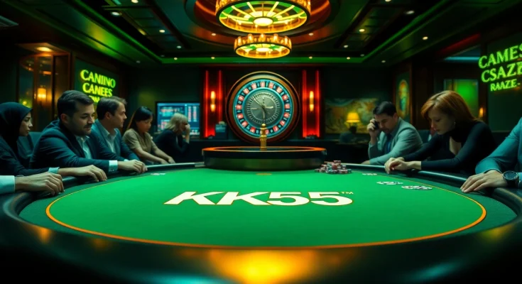 Exciting gambling scene at KK55 casino with intense poker game and luxury elements.