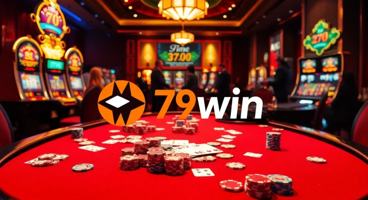 Excitement in a 79win casino scene featuring vibrant poker tables and slot machines.