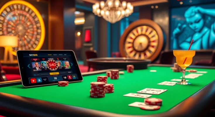 Experience the excitement of sky88 as players engage with casino games and vibrant chips.