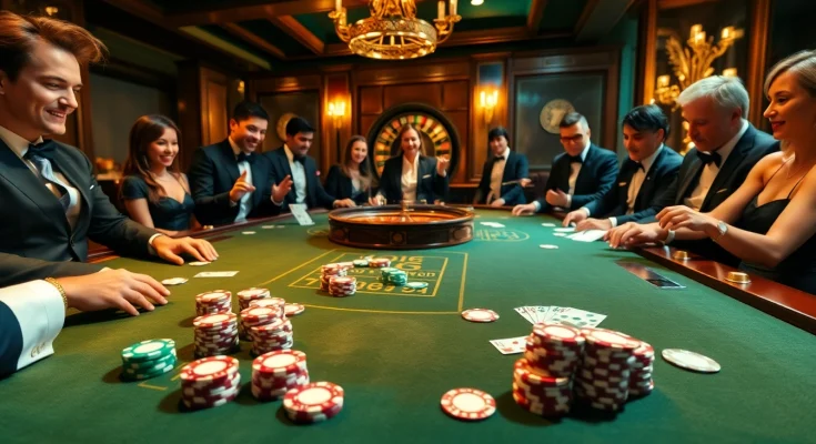 Engaged gamblers enjoying a game of poker with tx88 chips at an elegant casino table.