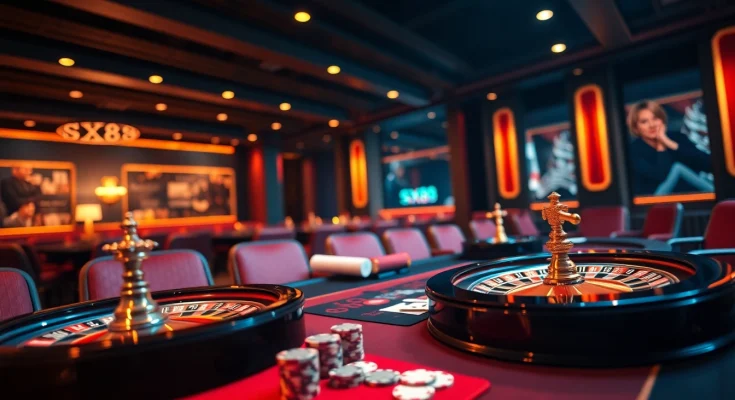 SX88 gambler enjoying high-stakes action at a luxury casino table with cards and chips.
