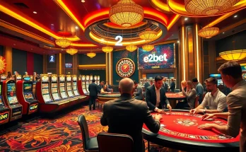Exciting gambling scene with e2bet branding, showcasing poker, slots, and vibrant casino atmosphere.