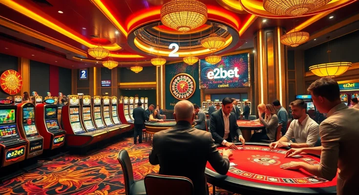Exciting gambling scene with e2bet branding, showcasing poker, slots, and vibrant casino atmosphere.
