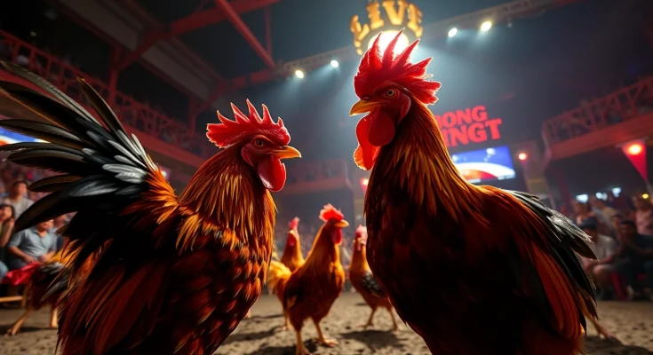 Exciting live action at Sabong 67 with competitive roosters and engaged audience.