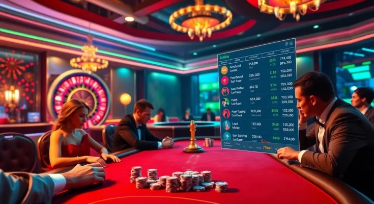 Engage in thrilling gameplay with 77win at a luxurious poker table in a vibrant casino setting.